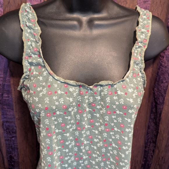 Ditsy Floral 🌺 Flowers Sheer Mesh Olive Tank Top Med - Picture 2 of 6